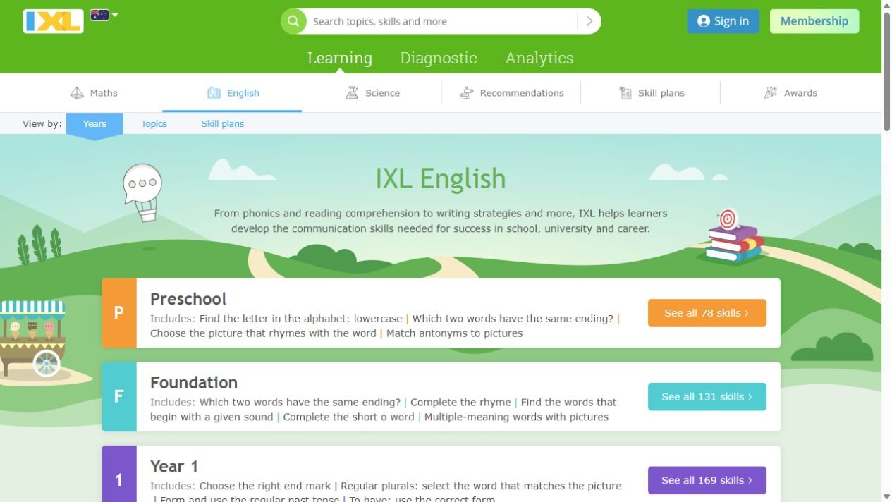 IXL English practice page showing year-level skill lists