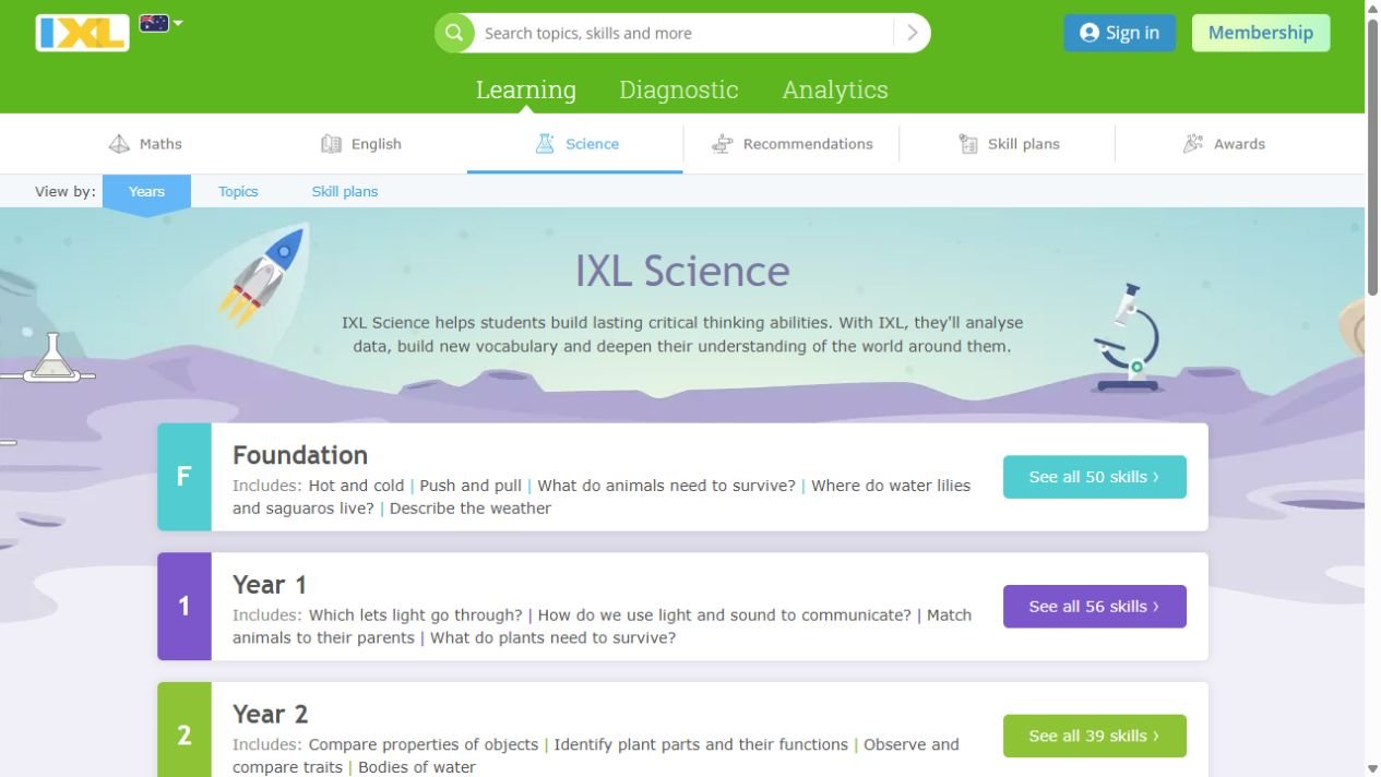 IXL science practice page showing year-level skill lists