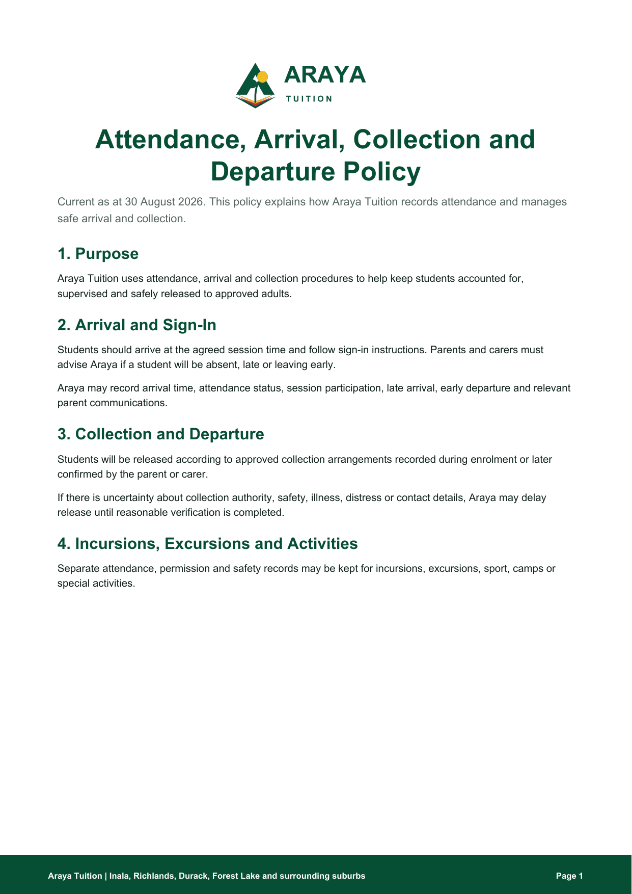 Preview of Attendance Arrival Collection and Departure Policy