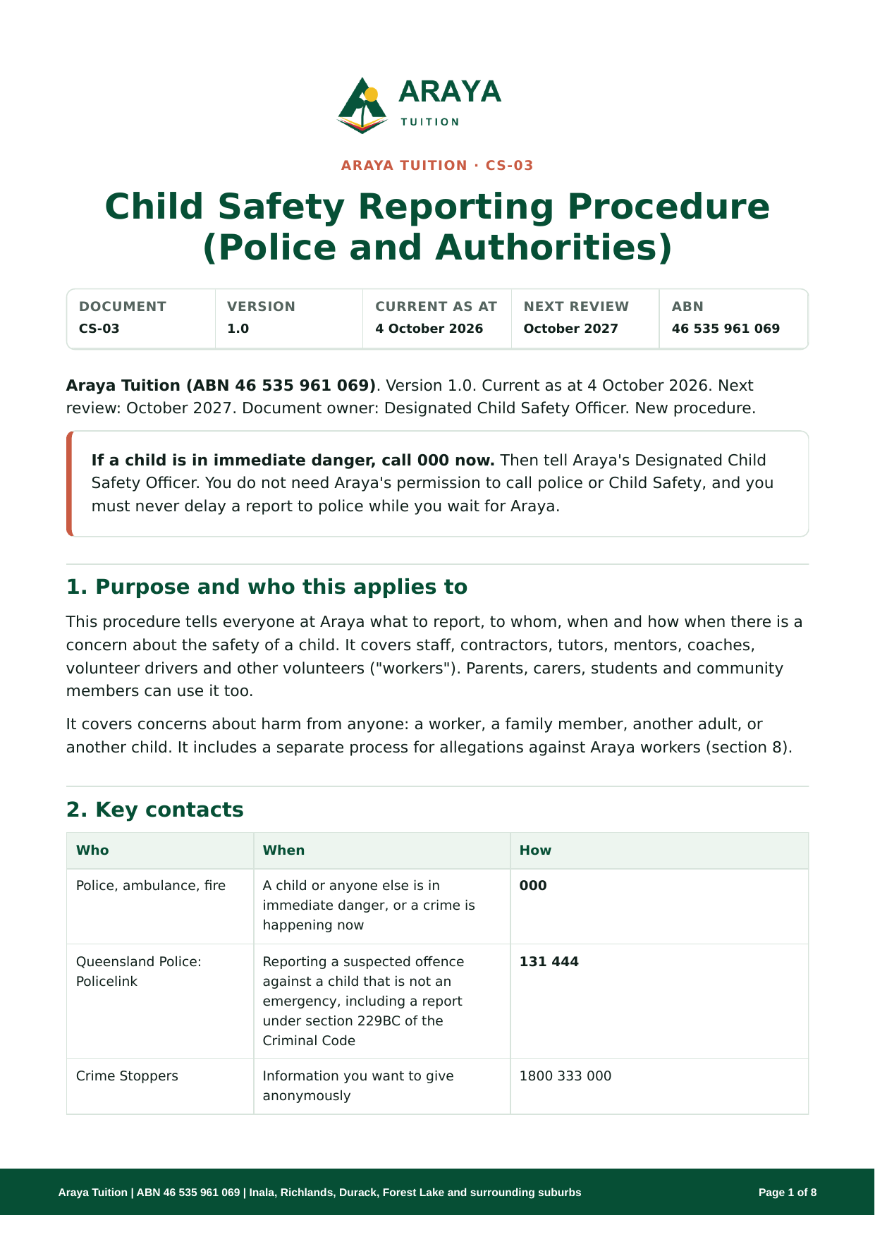 Preview of Child Safety Reporting Procedure