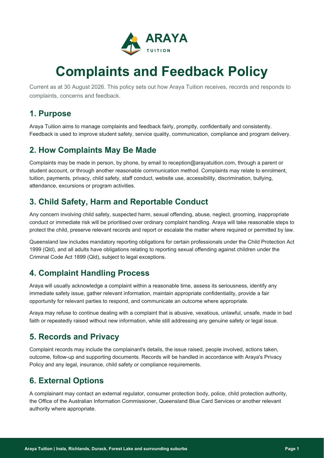 Preview of Complaints and Feedback Policy