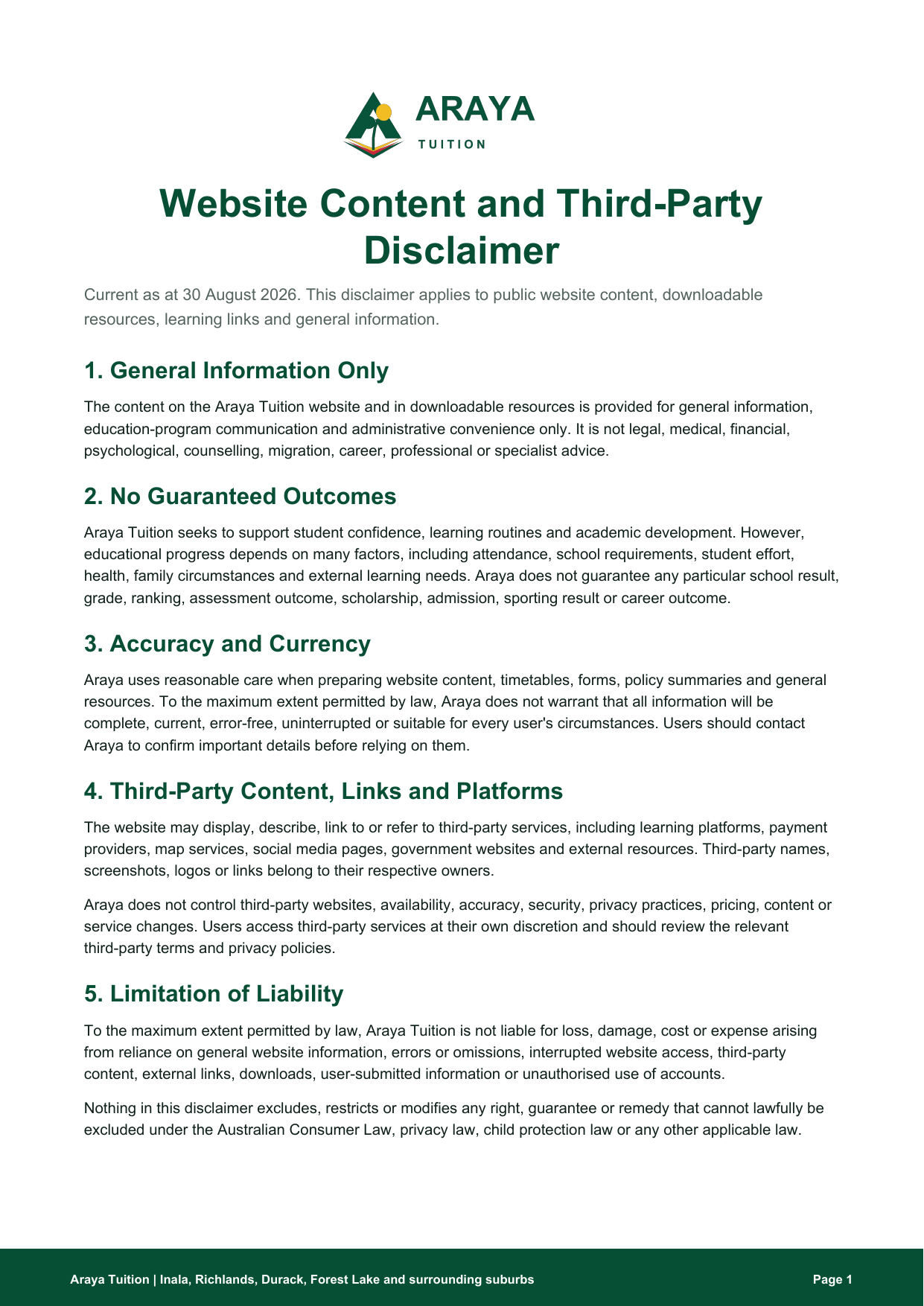 Preview of Website Content and Third-Party Disclaimer