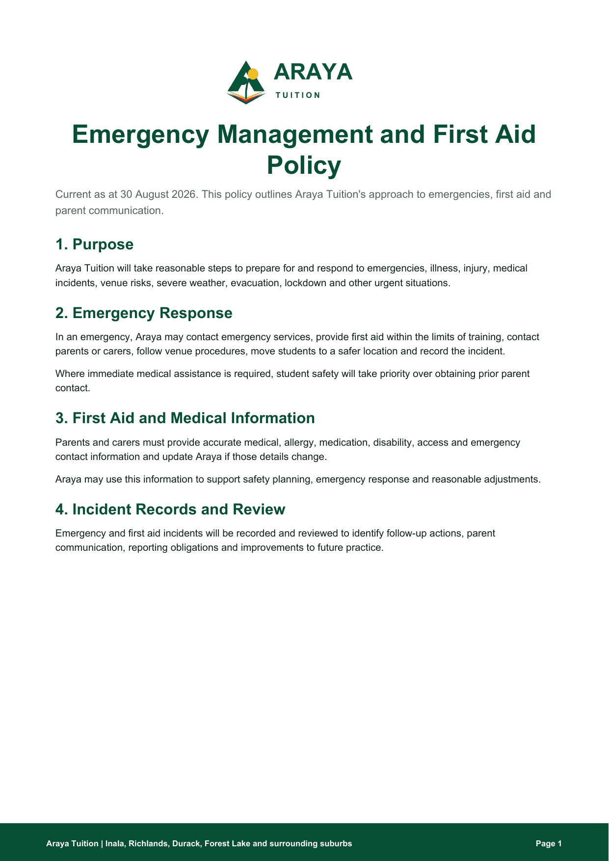 Preview of Emergency Management and First Aid Policy