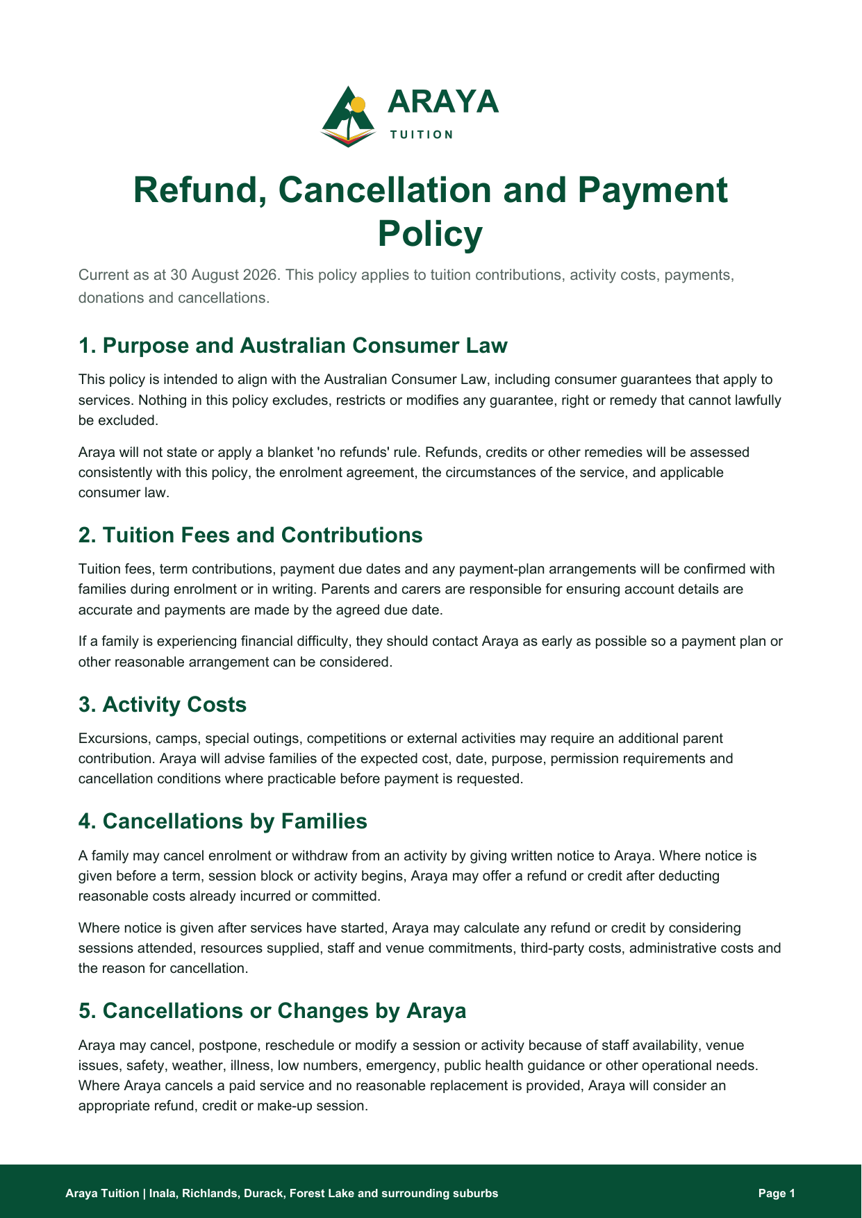 Preview of Refund Cancellation and Payment Policy