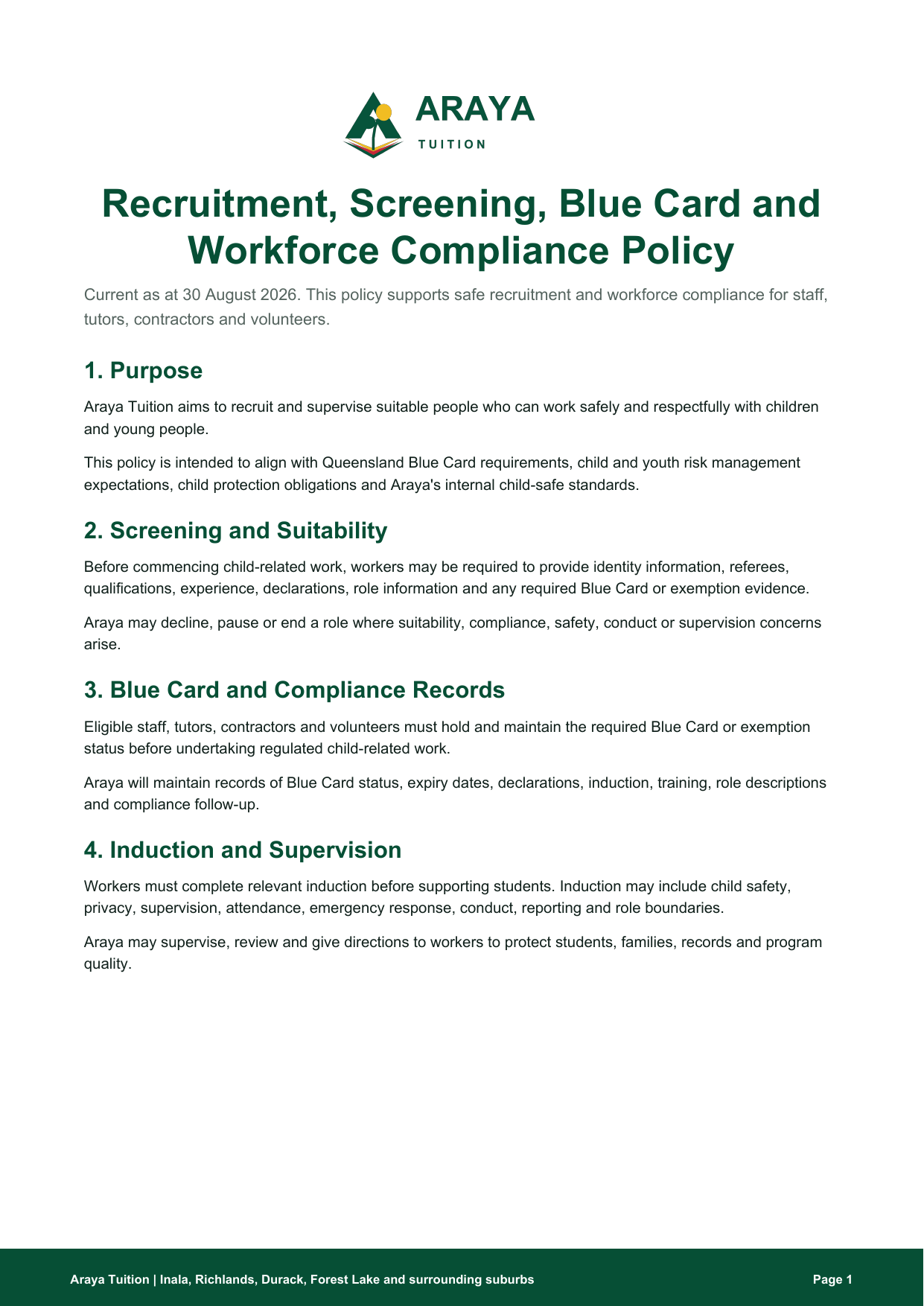Preview of Recruitment Screening Blue Card and Workforce Compliance Policy