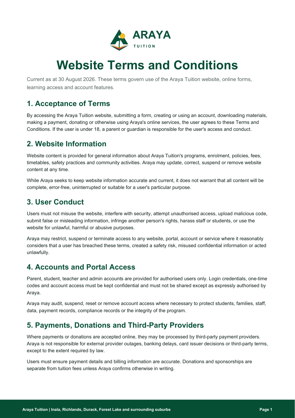Preview of Website Terms and Conditions