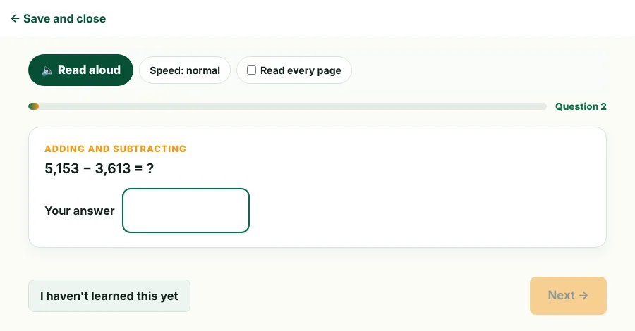 A question in the student check-up: 5,153 minus 3,613, with a box for the answer and a button saying I haven't learned this yet.