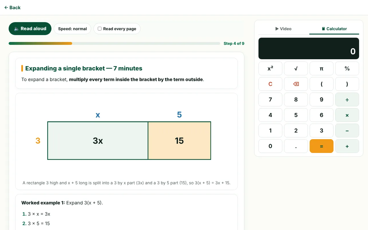 An online lesson in the student portal: a step on expanding brackets with an area-model picture and a worked example, with a calculator in the side panel.